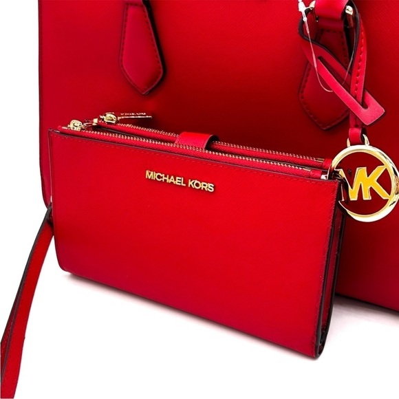 Michael Kors Sheila Medium Center Zip Satchel Bag & Large Double Zip Wallet Red - Picture 13 of 16